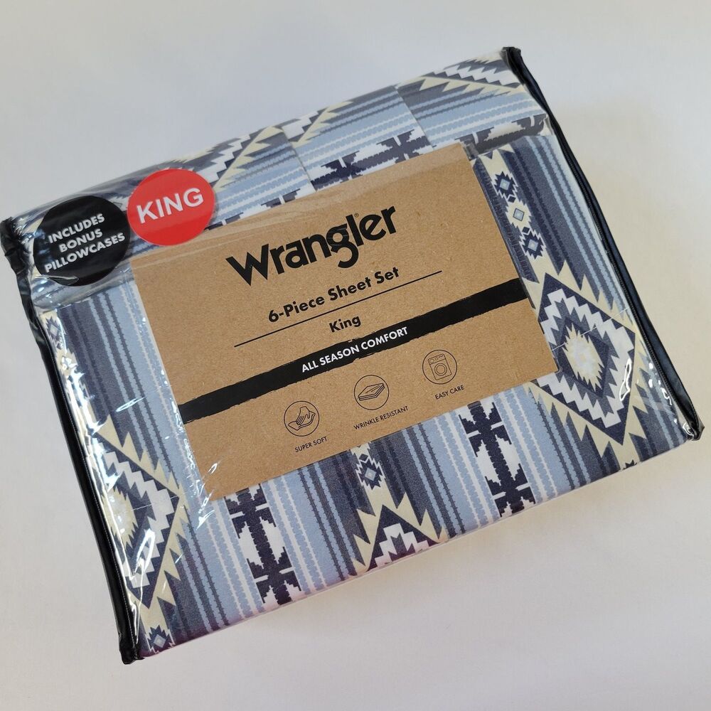 Wrangler Blue Cream KING 6pc Sheets Set Southwestern Geometric Aztec Diamond
